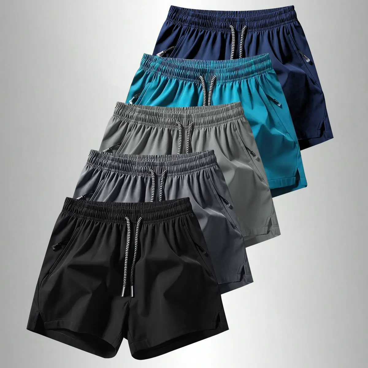 Men's Fitted Above-The-Knee Woven Athletic Shorts - Menswear, Hot Weather, Active Outdoors, Stylish, Lightweight, Breathable, Split Hem, Zippered Pocket, Drawstring Waist, Plain, Elegant, Sporty Chic, Fitted Cut