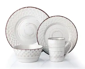 212 MAIN 16-Piece Modern Distressed Weave Stoneware Tableware Set - Service for 4, White Mugs, Cereal Bowls Set, Complete Dinnerware
