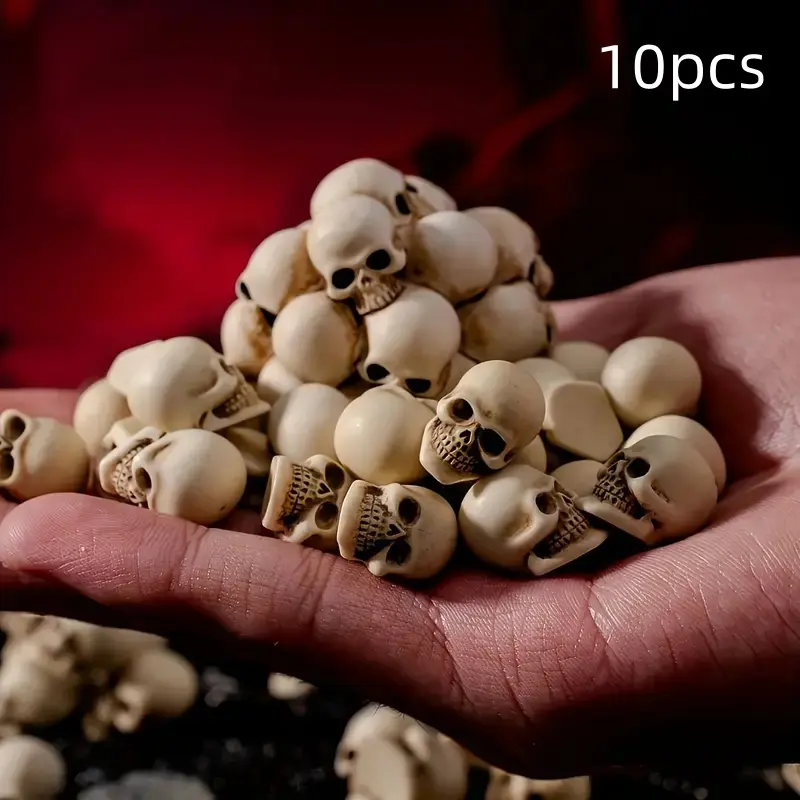 Mini Resin Skull Decorative Sculptures Set of 10, Halloween Human Skeleton Decorations, Gothic Home Garden Ornaments, No Battery Required