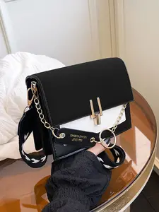 Fashion Multifunctional Crossbody Bag, Wide Strap Small Square Bag, Matte Colorblock Korean Style Chain Decoration Flip Cover Bag, Colorblock Pattern Bag