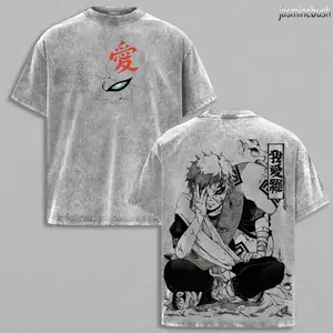 Men's Gaara Naruto Anime Double-Printed Vintage Washed Tshirt - Unisex Oversized Heavyweight Cotton Crewneck Streetwear Top, Hoodie Alternative, Gift for Anime Fans Menswear Tropical