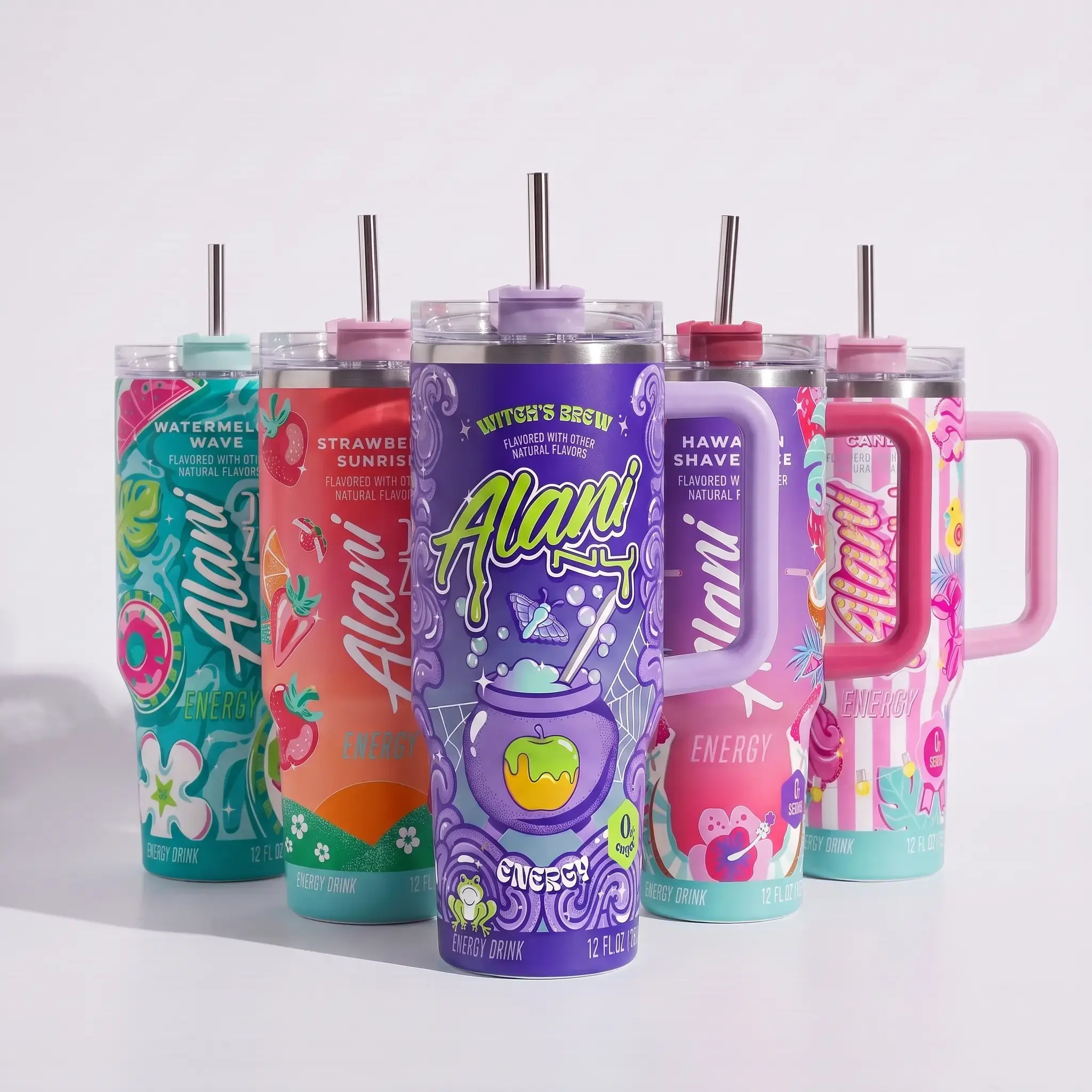Al@ni Nuu Full Color Tumbler With Handle - Witches Brew Energy Drink for Extreme Sports Athlete - Purple Cotton Candy, Hawaiian Shaved Ice, Witch's Brew Insulated Travel Mug With Straw Lid Portable Water Bottles Drinkware Reusable