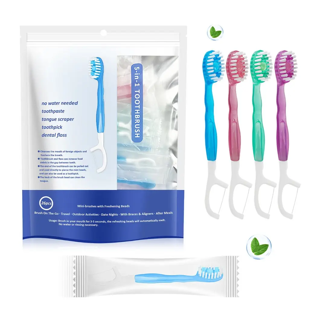 5-in-1 Toothbrush with Functions: Brushing, Flossing, Tongue Scraping & Tooth Picking, 26-Piece Soft-Bristle Oral Care Toothbrush for Travel and Business Trips, Travel Toothbrushes