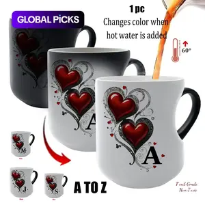 Shimmering Heart Initials A-Z Thermosensitive Ceramic Mug, Magic Color-Changing Heart-Handle Mug, 11 Oz/330 Ml, Mothers Day Gift #GLOBAL PICKS