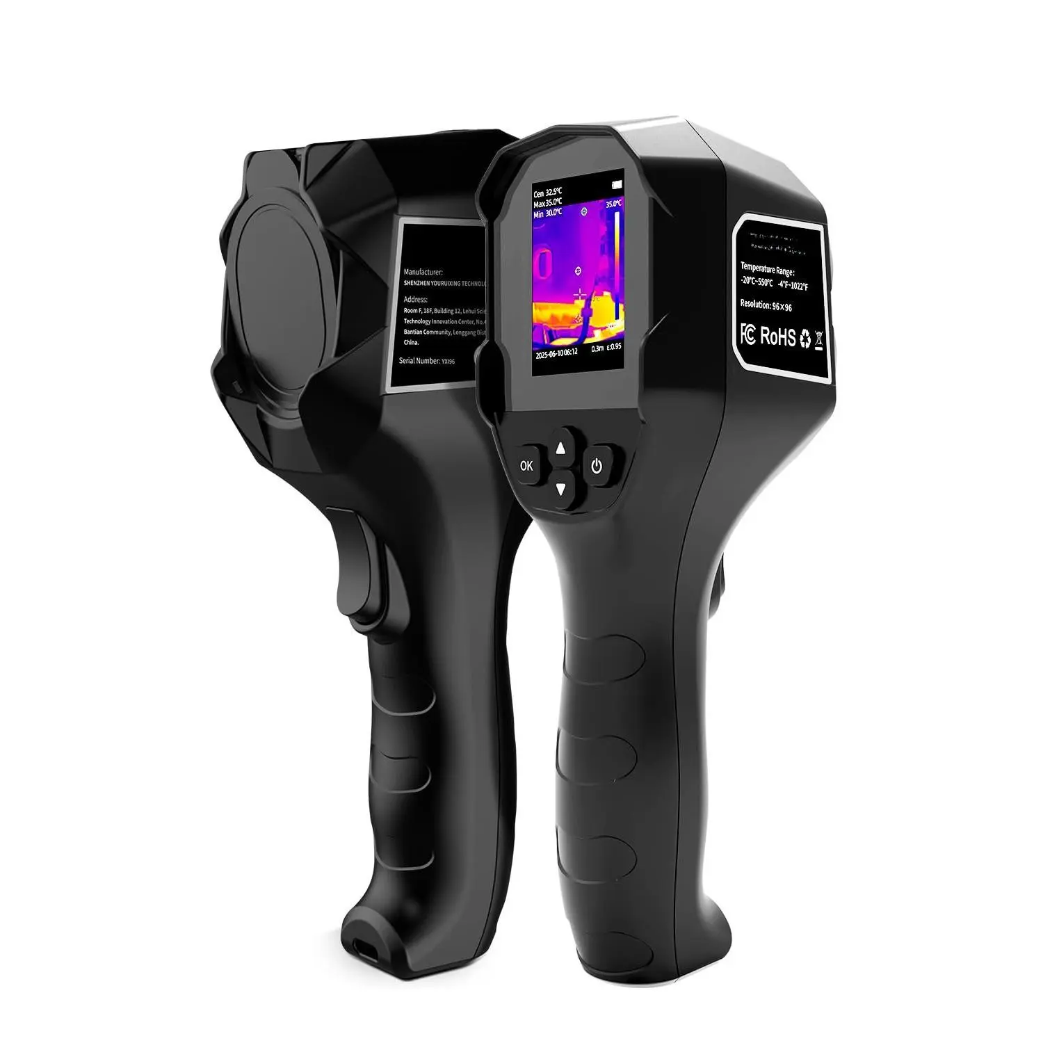 Compact Handheld Thermal Imaging Camera with 25Hz Refresh Rate, 96×96 Sensor, TISR 240x240 Display, -4°F to 1022°F Temp Range, Adjustable Alarms, IP54 Rating for Automotive & Industrial Use, Flexible Display Modes, Water Resistant, Diagnostics