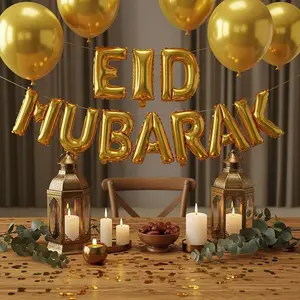 Eid Mubarak Banners 16 inch Eid Mubarak Balloons Party Decoration Supplies for Ramadan and Muslim Celebrations Ramadan Islamic Festive Gatherings Gold Foil Balloons Decorations
