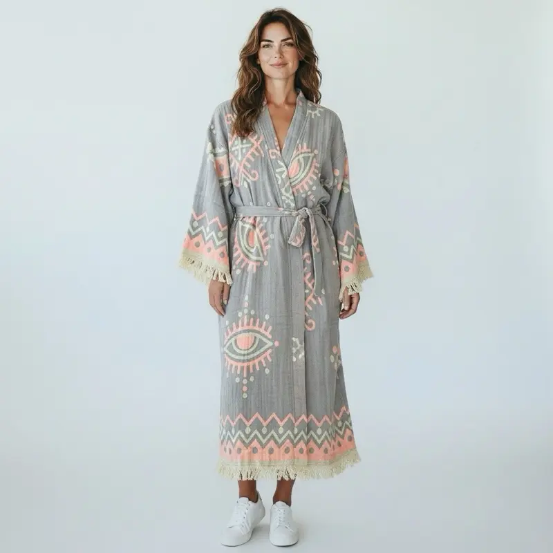 Jacquard Cotton Robe with Pockets, Yoga, Meditation Kimono Robe 100% Cotton Breathable Fabric, Beach Coverup Comfort Traditional Womenswear Comfortable Fit Gowns Loose Loungewear Nightwear Soft Woven Long Sleeve Strap