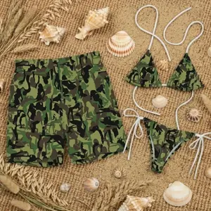 Matching Women Silhouette Camo Swimwear Set, Couple Bikini and Swim Trunks, Camouflage Beach Outfit, Gift for Her DID