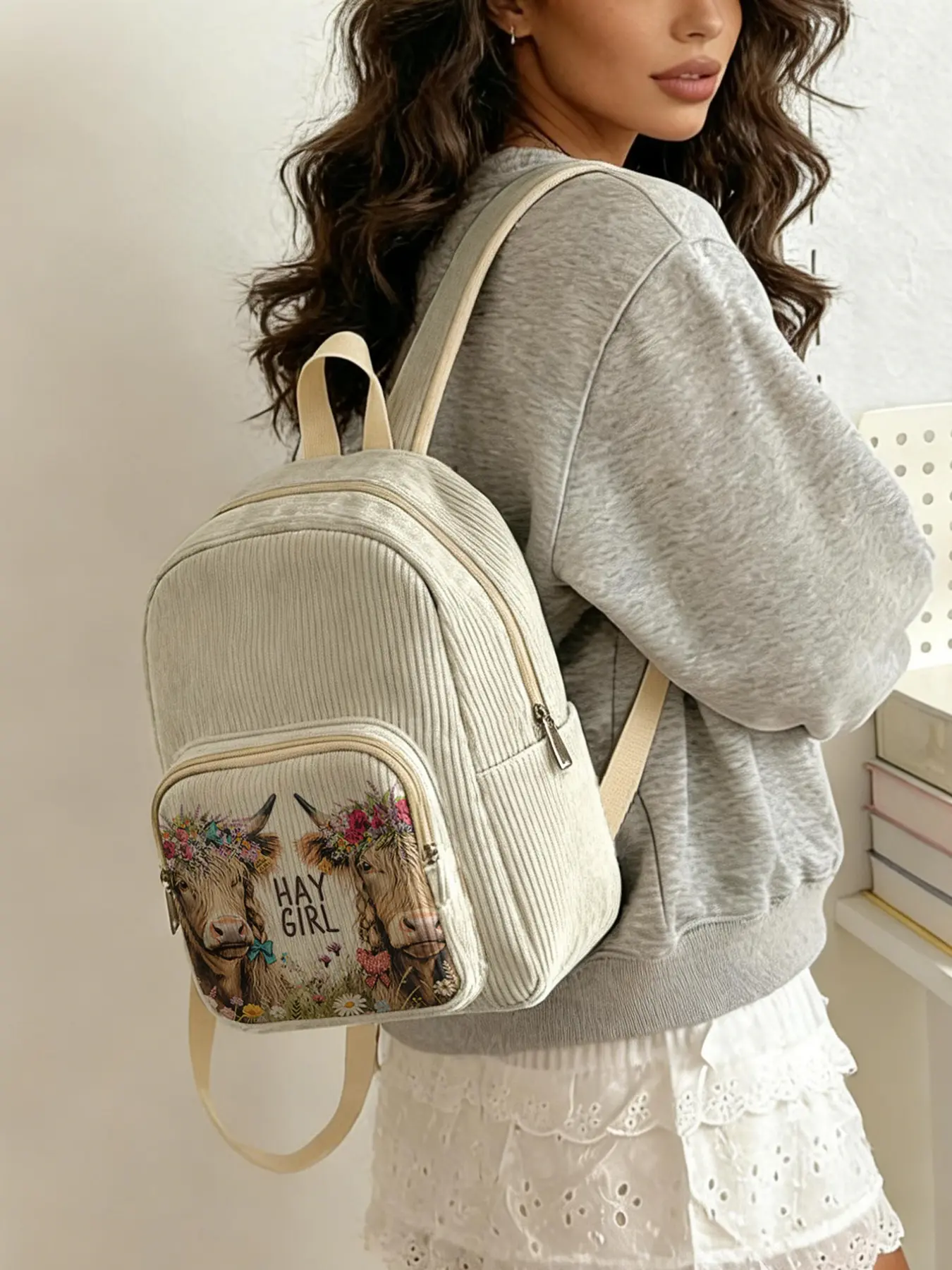 1 2D printed lady's backpack, Cute versatile backpack, with floral cow pattern + 'HAYGIRL', velvet texture + layered storage + lightweight and easy to carry, perfect for students to go to class/shopping, combines practicality