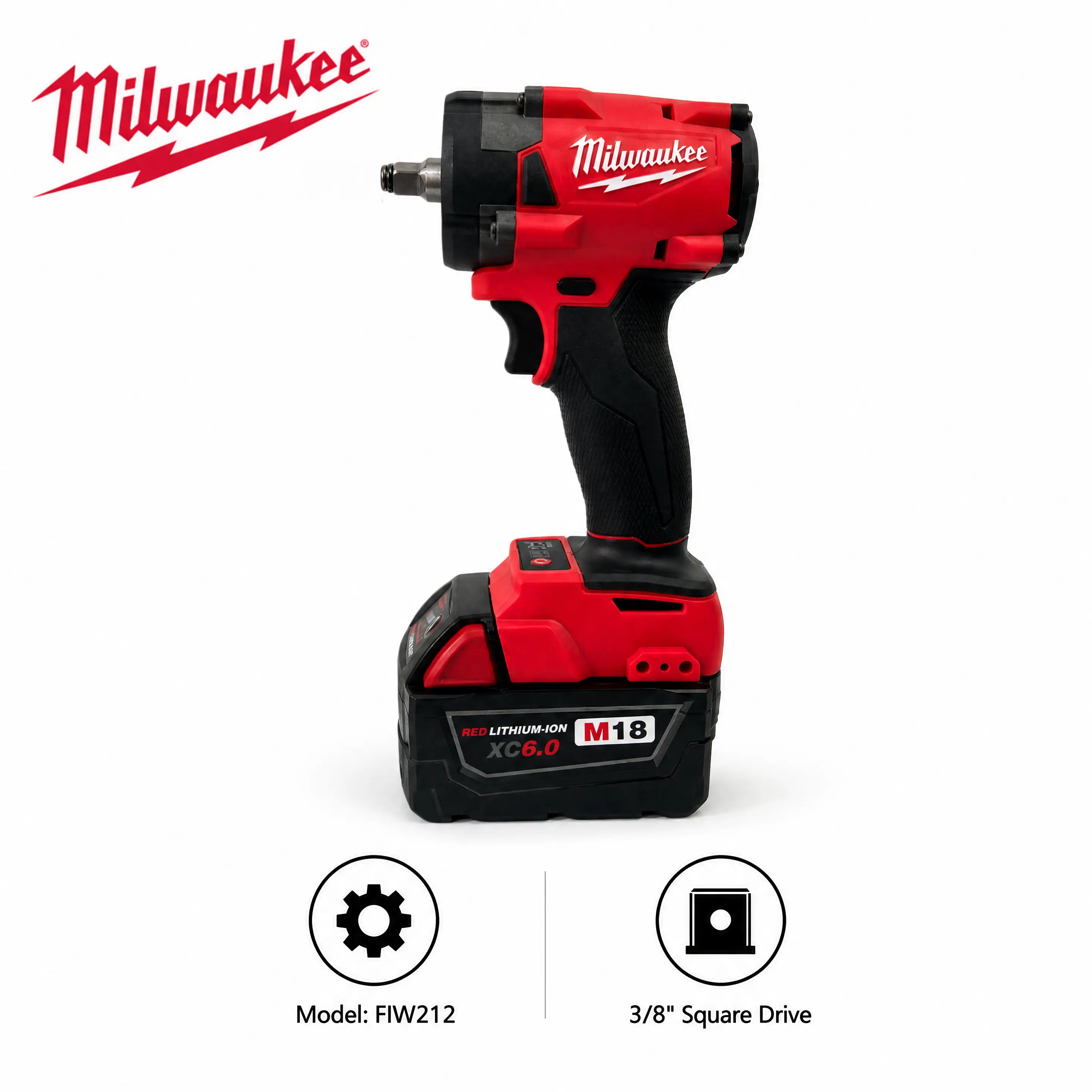 Milwaukee M18 18V Cordless Impact Wrench (FIW212), 3/8 in Friction-Ring Through-Hole Square Drive, 4-Speed Control, 339Nm Fastening Torque, 300Nm Breakaway Torque, Fits M18 Bolts, for Automotive & General Equipment Repair