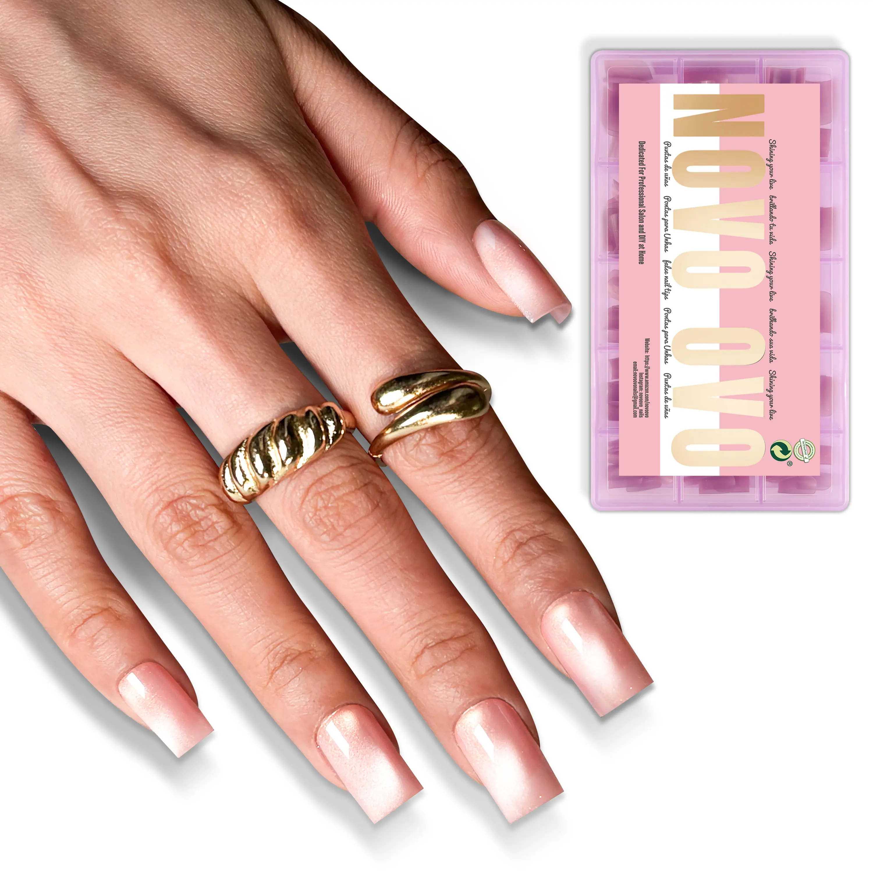 NOVO OVO Short Square Nail Tips 150Pcs Cat Eye, Light Pink Sharp Square Gel X Nail Tips, Glossy Finished with Top Coat，Full Cover Fake Nails No C Curve for Home DIY Typing Scenario, 15 Sizes