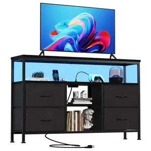 TV Stand with LED Lights & Power Outlets, 4-Drawer Media Console for up to 50" TV, Adjustable Feet & Open Shelf for Living Room & Bedroom