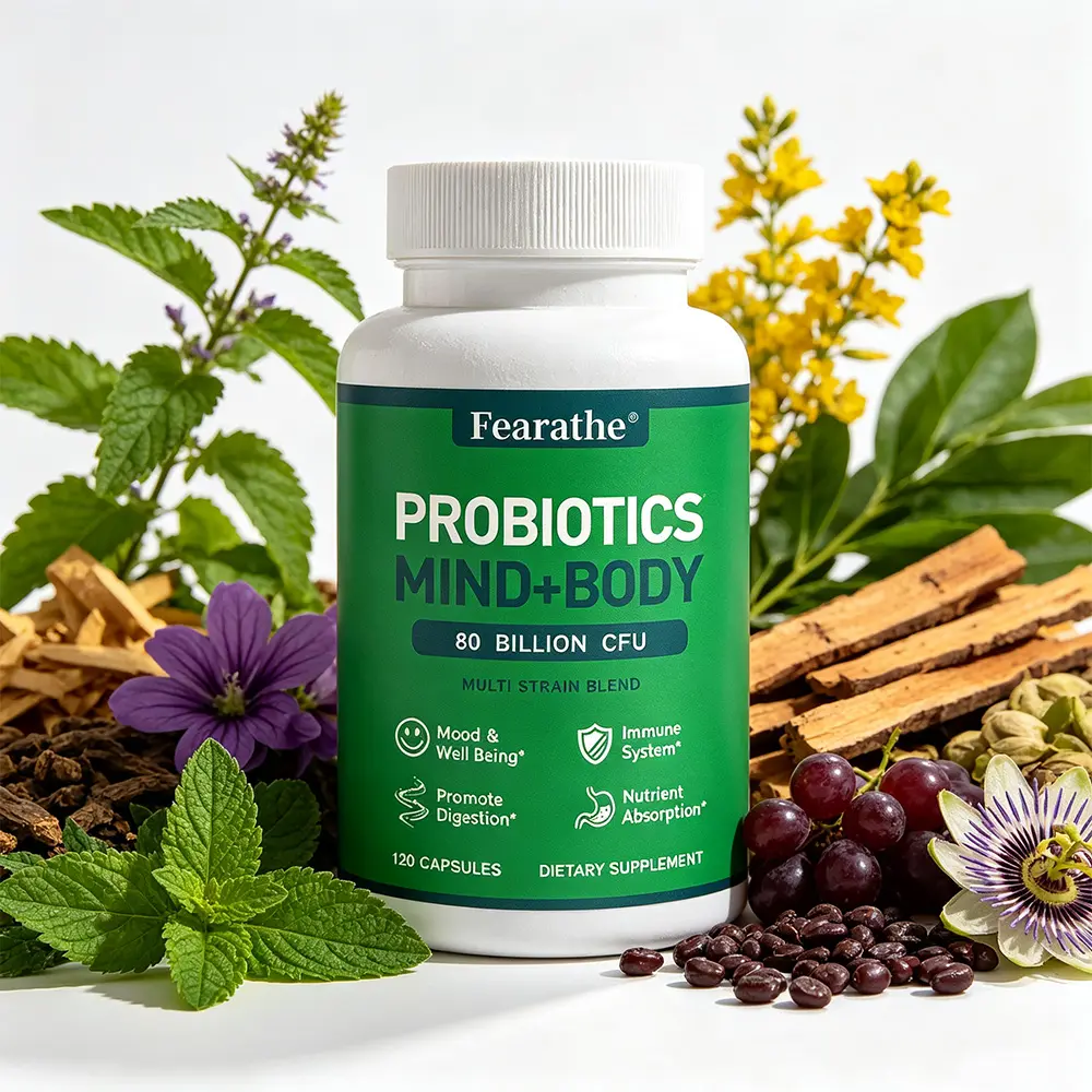 Fearathe 80B CFU Probiotics with Prebiotics & Digestive Enzymes - Mind & Body Formula for Bloating Relief, Mood Support, 120 Capsules