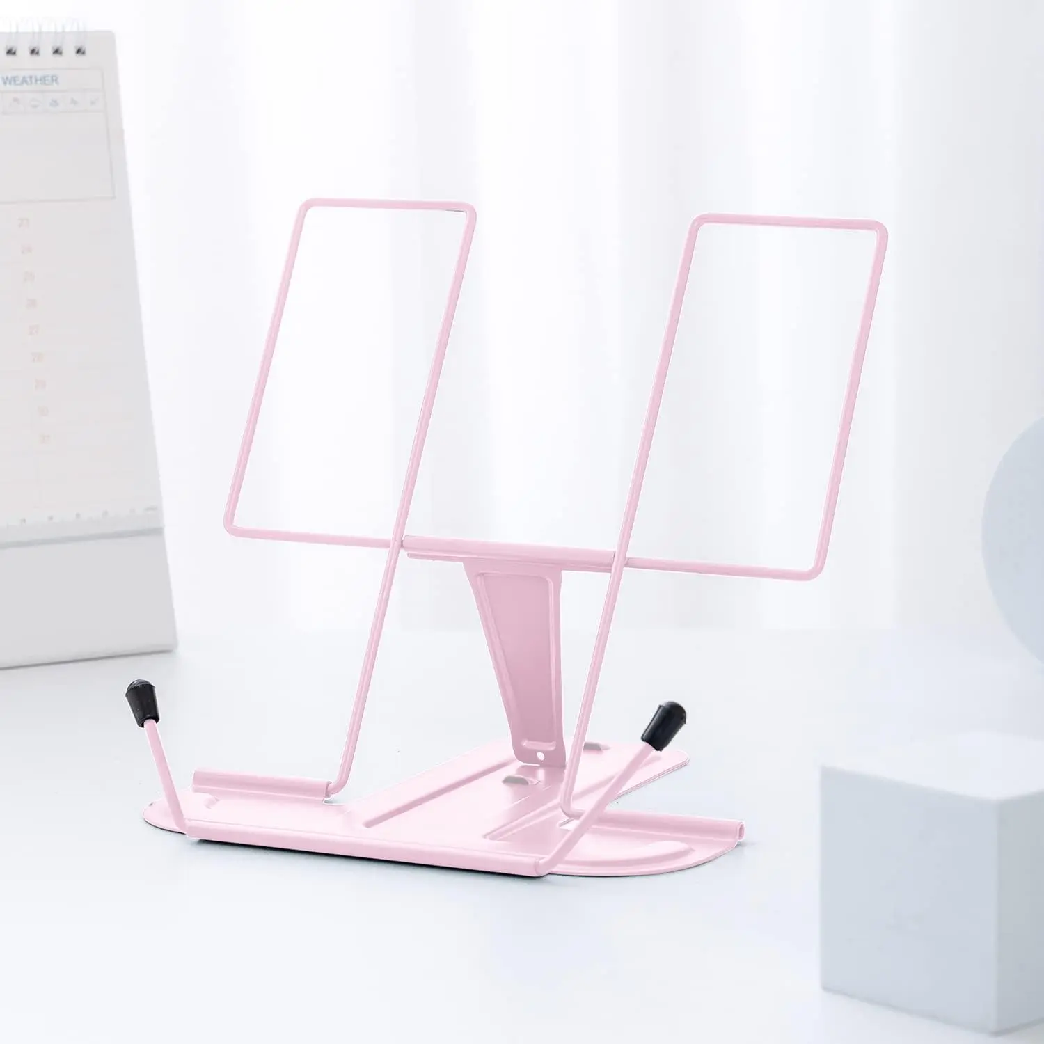 Metal Book Stand for Desk, Adjustable Reading Rest Book Holder, Portable Cookbook Documents Holder, Sturdy Typing Stand for Recipes Textbooks Tablet Music Books with Page Clips (Macaron Pink)