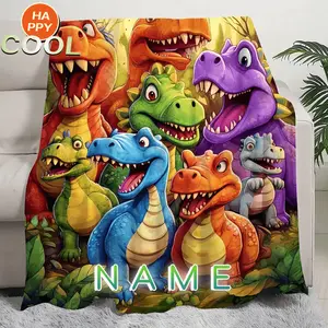 1pc Personalized Cute Smiling Dinosaur Custom Name Printed Flannel Blanket - 100% Polyester Lightweight Cooling All-Season Thermostat Cover, Multi-Size Animal-Themed Comfortable Throw for Napping, Mother's Day Gift