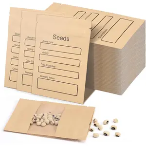 100 Pack Small Resealable Seed Envelopes with Clear Window, 3.15 x 4.72 Inch Brown Kraft Paper Seed Packets Envelopes with Preprinted Seed Collecting Template for Seed Storage, Seed Organizer