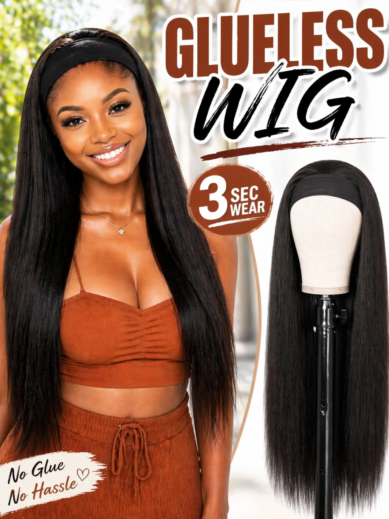 Glue-Free Hairband Wig, 26-Inch Straight Hair, Beginner-Friendly, Quick-Attach, Natural Hairline, Versatile Wig for Daily Use, Synthetic Material Wigs, Glueless Synthetic Wig
