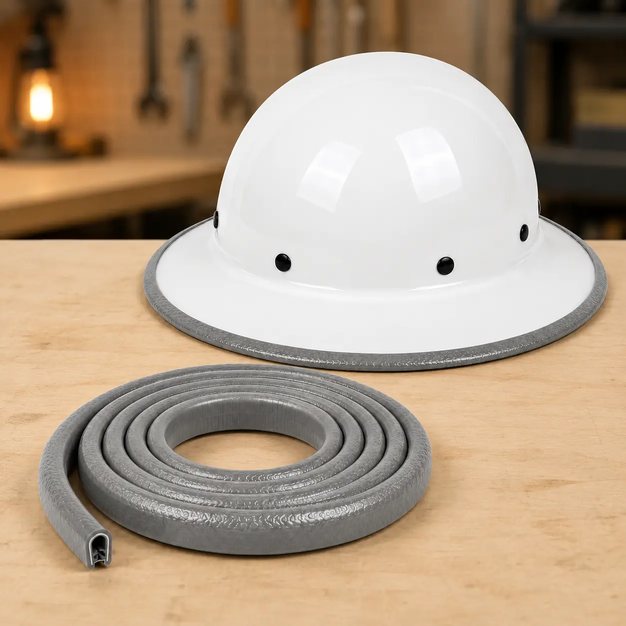 Hard Hat Guard Strip - Full Brim, 36.6 in Durable Rubber, Water Resistant, Abrasion Resistant, Flexible Helmet Edge Protector, Easy-Install Sports & Outdoor Safety Accessory
