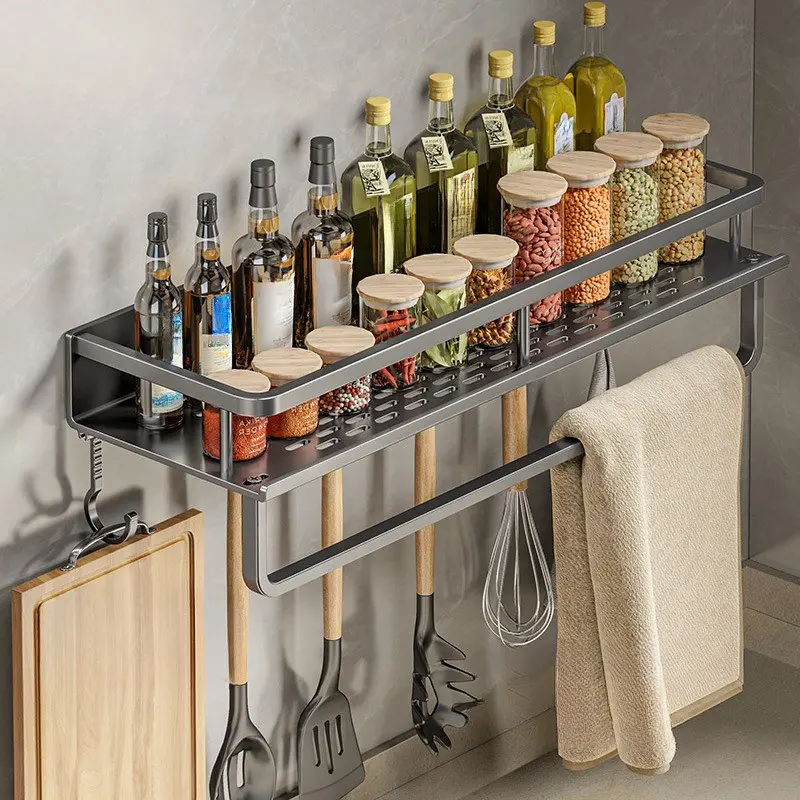 Multi-Functional Kitchen Storage Rack, Spice Organizer Shelf, Wall-Mounted Utensil Hooks, Towel Rod, Ideal for Kitchen, Bathroom and Coffee Bar Organization, Wall Hook Hanger