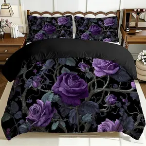 2/3 Pcs Comfortable Purple Rose Pattern Decorative Duvet Cover Set, Soft And Breathable, 100% Polyester Fiber High-Definition Digital Printing Design, All-Season Home Gift, Machine Washable (1 Duvet Cover +1/2 Pillowcase, No Filling)
