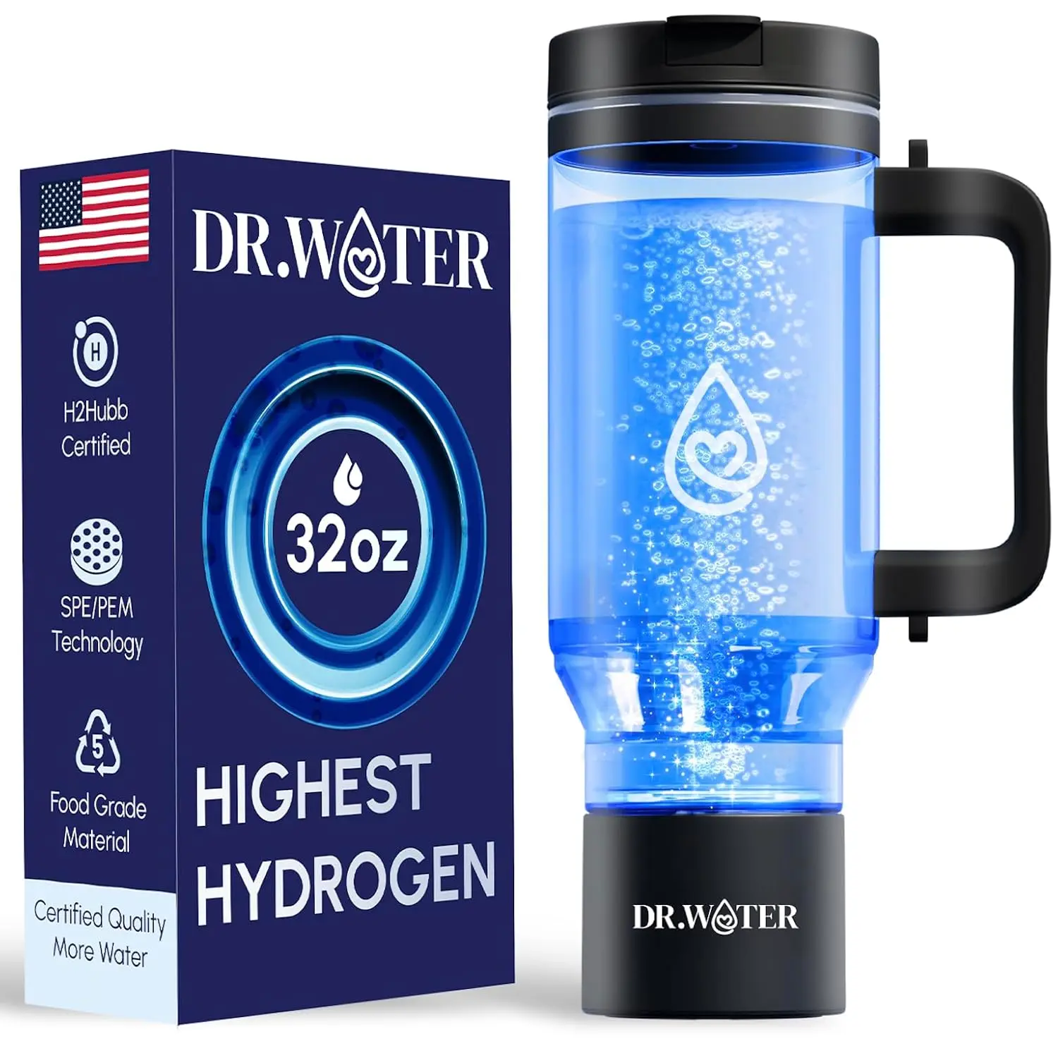 Dr. Water HydroTumbler 32oz Hydrogen Water Bottle H2HUBB Certified Platinum-Coated Titanium PEM Technology 3X Concentration Dishwasher-Safe Optimal Hydration & Wellness