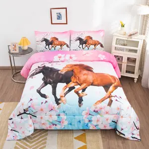 Horse Comforter Twin Full Queen Size,Galloping Horses Bedding Set,Cherry Blossom Comforter,Animal Print Duvet
