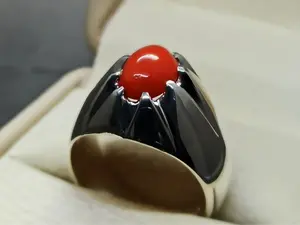 Natural Italian Red Coral Star Ring: Sterling Silver 925 Handmade Marjan Mens Band