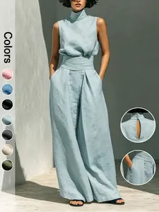 Elegant Two-Piece Set for Women, Simple Style Linen-Like Blend High-Neck Sleeveless Top and Wide Leg Pants, Chic Monochrome
