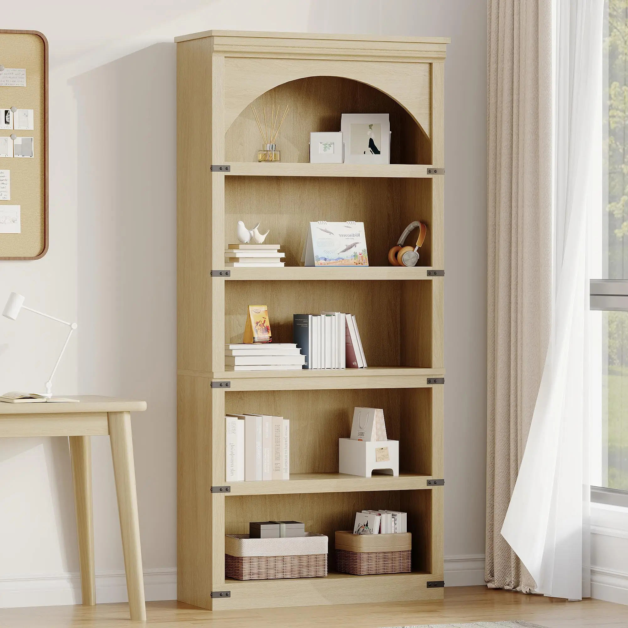 Farmhouse Arched Bookshelf - 69" Tall 5-Tier Sturdy Waterproof Rustic Vintage Display Shelves with MDF+Wooden Base, Natural Woodgrain Construction for Living Room Storage
