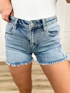 Risen Hollis High-Rise Denim Shorts - Light Wash (Fray Hem, Non-Distressed, Flower Patch)