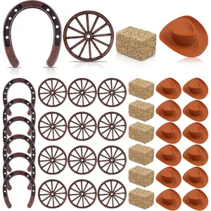 36PCS Western Party Decorations Mini Horseshoe Brown Cowboy Hat Wheel Hay Bales Suitable for Crafts Birthday Weddings and Cowboy Party Favors