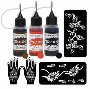 Temporary Tattoo Kit 3 Bottles ColorInks ,Stencils Kit for BodyPaint DlY Fake Tattoos for (black/red/ brown/)Makeup Cosmetic Storage