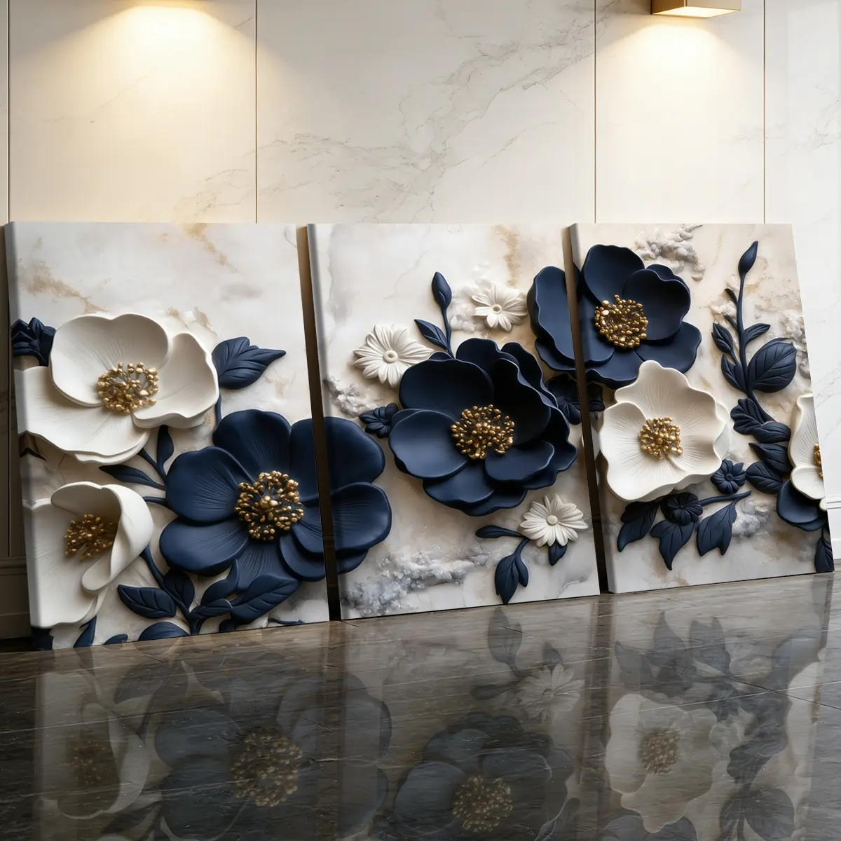 3 Counts Wooden Framed Canvas Painting, Elegant Blue And White Floral Art Images, Exquisite Poster, Perfect Gift, Decor For Living Room, Bedthroom, Modern Art, Fashion Family Poster, Wall Art Decoration