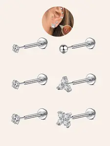 6-piece cubic Cz earring set, threadless flat-bottom earrings, stainless steel push-in nose studs, tragus cartilage earrings, pierced earrings, suitable for women and men, 6mm ear piercings, Body Piercings Set