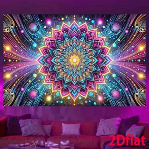 2D flat 2D flat Bohemian Mandala Starry Sky UV Black Light Tapestry - Vibrant Fluorescent Wall Hanging for Bedroom, Living Room, Dorm Decor - Durable Polyester with Free Installation Kit, 2D Flat