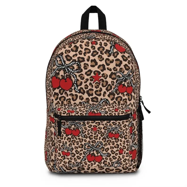 Leopard Cherry Backpack, Coquette School Backpack, Cherry Bow Bookbag, Cute Animal Print Backpack, Aesthetic Travel Backpack, Casual Daypack for Women & Teens