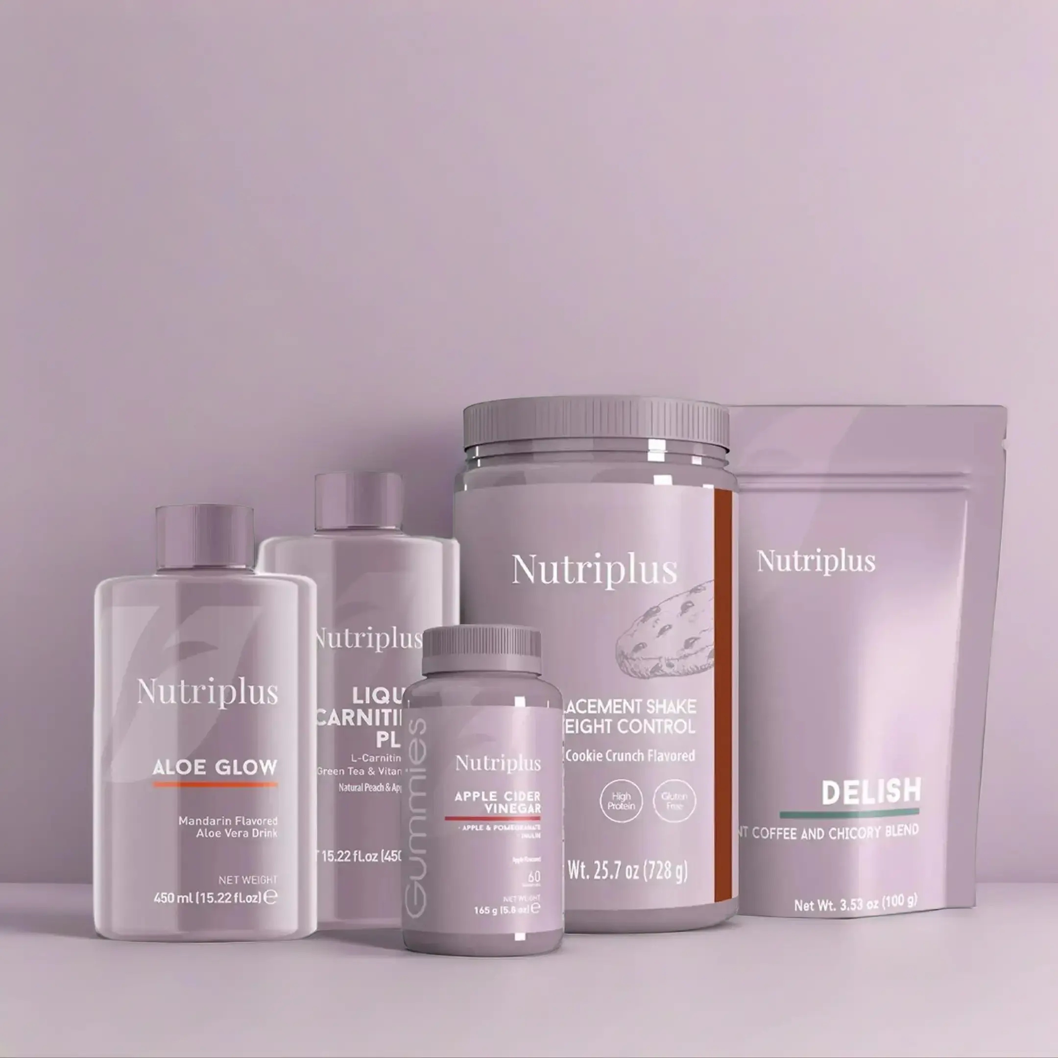 Nutriplus Complete Nutrition and Well-being Pack - Kit with Aloe Glow Drink, Liquid Carnitine Plus, Apple Cider Vinegar Gummies, Replacement Shake, and Delish Coffee & Chicory Blend