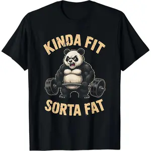 180g100% Cotton Fun Kinda Fit Sorta Fat Panda Weightlifting T-Shirt, Humor Gym Workout Graphic Tee for Men Women