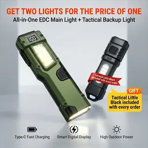 EDC Tactical Flashlight, Flat Flashlights Rechargeable,Dual-Switches LED Small Flashlight with Digital Display,Stainless Steel 8 Modes Pocket Flash Light for Home, Camping,and outdoor emergency Stocking Stuffers for Men
