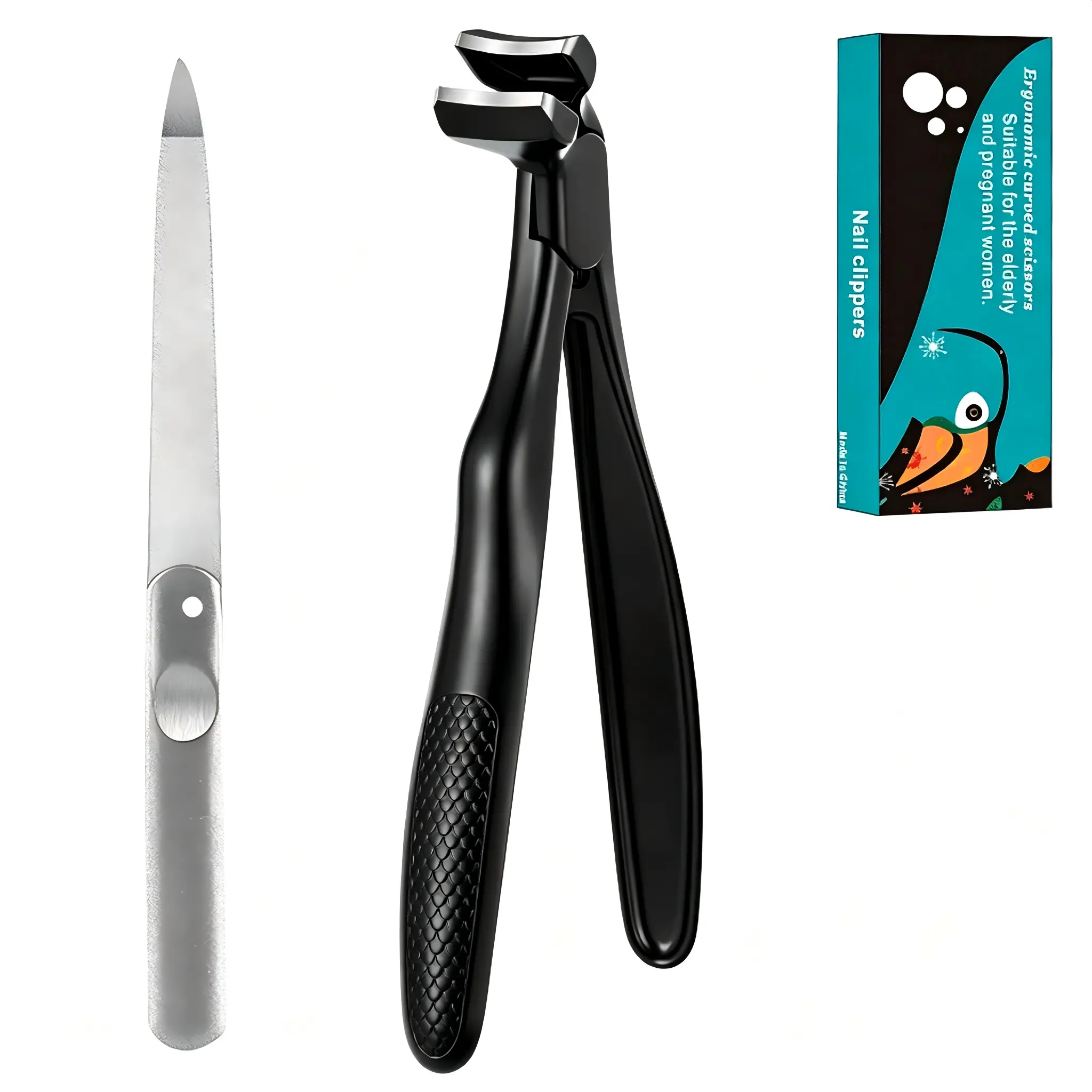 Extra-long-handled scimitar head toenail scissors, unisex more suitable for the elderly, large opening anti-splash design with storage compartment, suitable for thick and hard nails