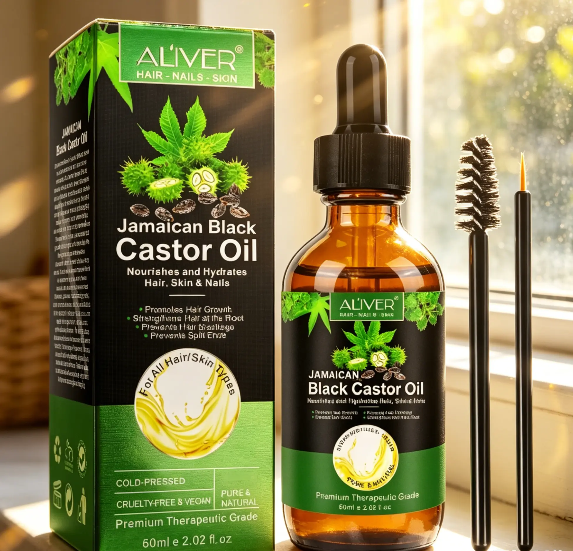 Cold Pressed Jamaican Black Castor Oil 60ml ALIVER, Natural Hair Growth Serum, Moisturizer for Sensitive Skin, Eyebrow Eyelash Thickening Oil Cruelty-Free