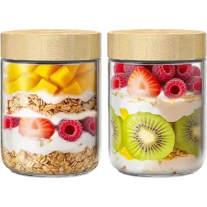 2 Pack 16Oz Glass Jars with Bamboo Lids, Overnight Oats Containers with Airtight Lids, Storage Containers Wide Mouth Mason Jars for Salad,Yogurt, Sugar, Snacks, Spices qiaomifeng
