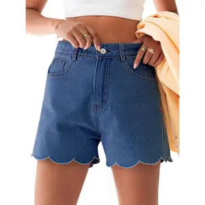 Aoysky Women's High-Waisted Fitted Minimalist Basic Jean Shorts - Summer Straight-Leg Wave Hem Lady Bottom, Casual Jorts for Women