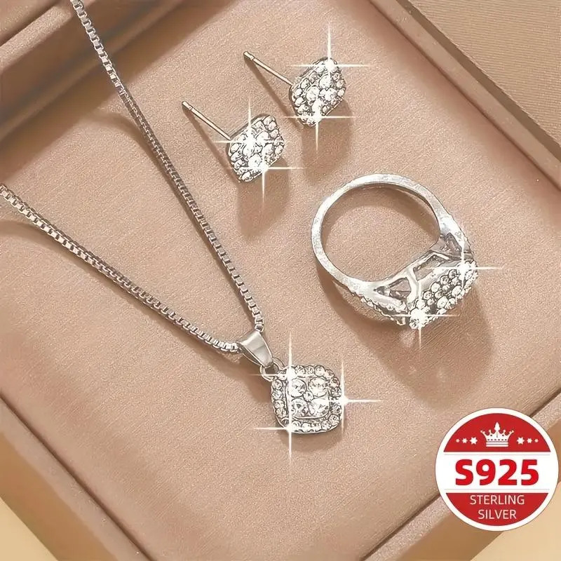 Elegant S925 Silver Pendant Necklace, Earrings and Ring Set, Unisex  vintage cross  necklace high quality Fashionable Collarbone  girl with pearl large hoop beaded gold stainless steel pendant  gothic style young whimsical goddess bead daughter link chain