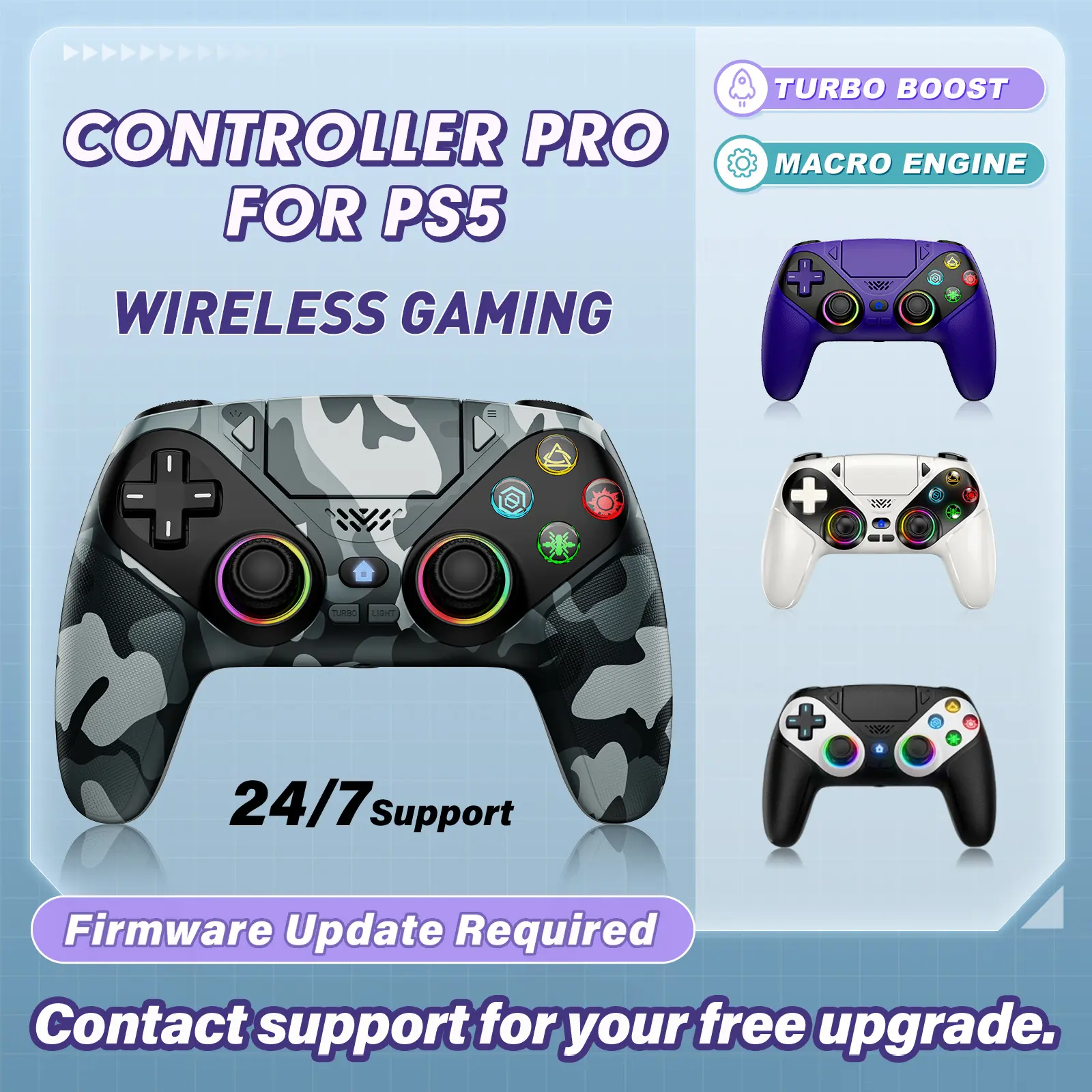 PS5 Wireless Controller Pro with LED RGB Light – TMR Anti-Drift Joystick, 4ms Low Latency, Dual Vibration, Motion Sensing, Programmable Buttons & 600mAh Fast-Charging Battery