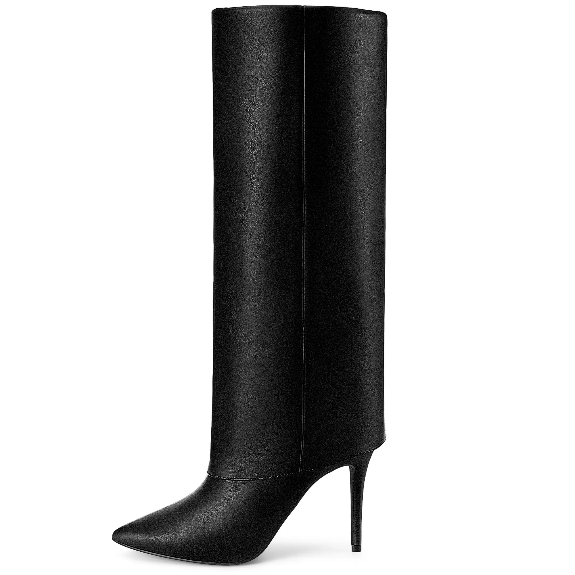 BLISSFUL STEP Women's Knee High Boots Pointed Toe Stiletto Heel Shark Boots Fold Over Boots