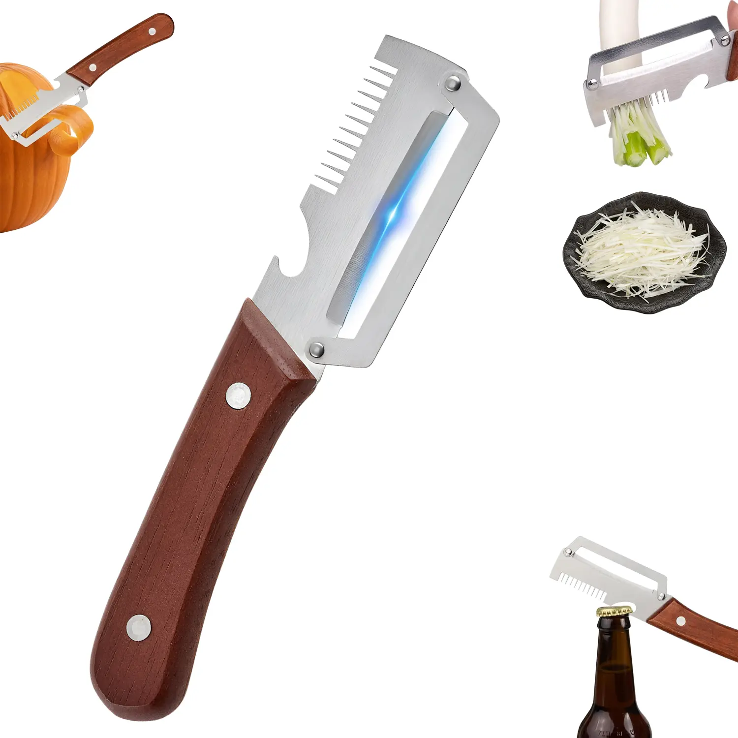 2Pcs Multifunctional Vegetable Peeler,3-in-1 Multifunctional Vegetable Peeler with Wooden Handle & Stainless Steel Blade,Built-in Bottle Opener,for Fruit Apple Potato Pumpkin Papaya Kitchen