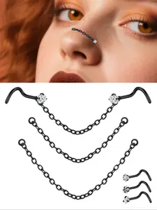 Unisex Stainless Steel Cz Nose Chain, Spiral Nose Ring, Nose Rings Hoops, Cool Bone Shape Ring, Party Style Piercing Jewelry, Halloween Accessory