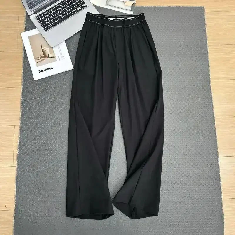 ERLYRA Women's Daily Loungewear Cooling Flow Trousers, Contrast Stitch Elastic High Waist, Front Hidden Pleated Detail And Side Slip Pockets, Full Length Drapey Legs