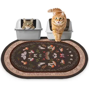 Litter Mat, 33" x 22" Large Size Litter Box Mat Rug with Non-Slip Bottom, and Water Proof, Easy to Clean  Supplies Essentials for Indoor Kitty Kitten Floor,Brown Mushrooms L